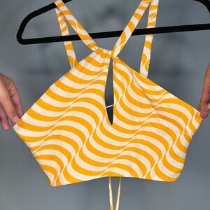 Zara Orange + White Swirly Stripe Halter Criss Cross Neck Center Cutout Tie Back